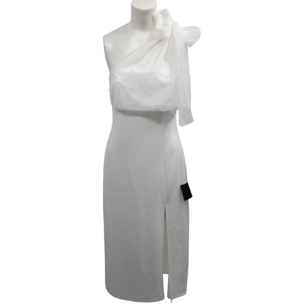 Lulus White Elegant Indication Mesh Pearl One-Shoulder Midi Dress Size L Wedding